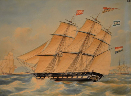 Fregat de Roompot uit Zierikzee varend voor een vreemde kust (foto van gekleurde tekening van Jacob Spin, 1849. Afmeting 32 x 41 cm. Foto: P.P. de Crane, Zoetermeer).