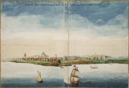 A watercolor with a bird's eye view of the city of New York with ships on the foreground.