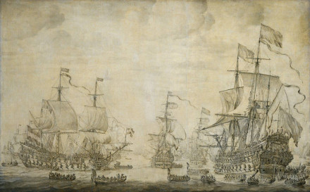 krijgsraad op de zeven provincien (Willem van de Velde de oude. De krijgsraad aan boord van de 'De Zeven Provinciën', het admiraalsschip van Michiel Adriaenszoon de Ruyter, 10 juni 1666, voorafgaande aan de vierdaagse zeeslag, episode uit de Tweede Engelse Zeeoorlog. Willem van de Velde (I), 1666 - 1693