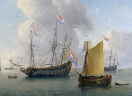 A painting of a large ship and a small ship on the forground, before a coastline.
