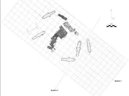 Site plan of the Elmina Shipwreck site, 2007 (Map by A. Pietruszka and G. Cook)