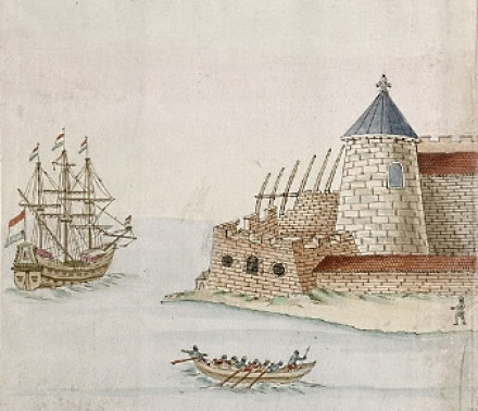 A Dutch ship anchored near Elmina Castle. Detail from a print by Gerard van Keulen, 17th century