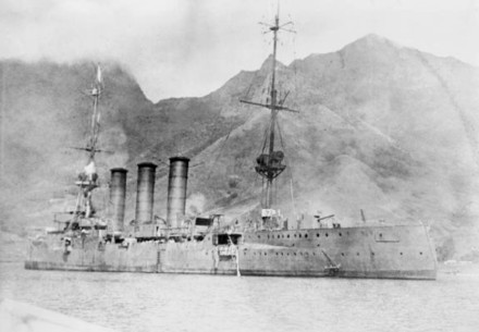 The SMS Dresden at Robinson Crusoe Island, moments before being scuttled, source: Imperial War Museums (reference number Q46012)