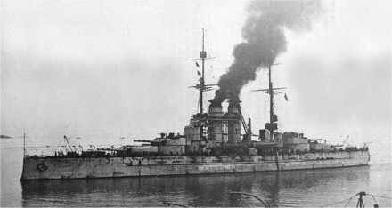 The SMS Szent István, sometime between 1914 and 1918, source: Wikipedia commons