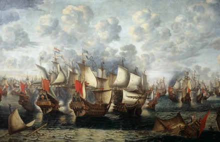 De eerste fase van de slag in de Sont. The first phase of the Battle of the Sound. (schilderij Jan Abrahamsz. Beerstraaten (1660)