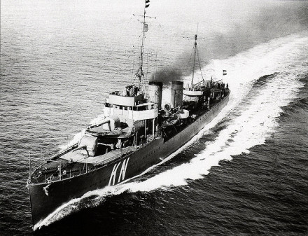 A black and white photo of the sailing ship, taken from the air.