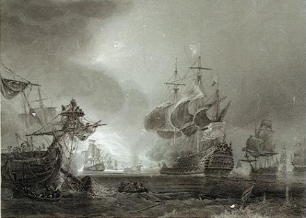 Fictional depiction of the Battle of Beachy head on 10 July, 1690 (Steel engraving after Jean Antoine Théodore de Gudin (1802 - 11 April 1880)