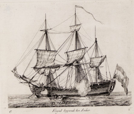 An example of a late 18th century Dutch Frigate. Copper engraving by Gerrit Groenewegen, 1789 (source: Fries Scheepvaart Museum)