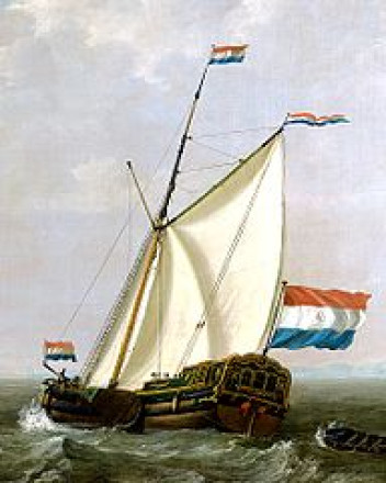 A painting in colour of a small sailing ship.