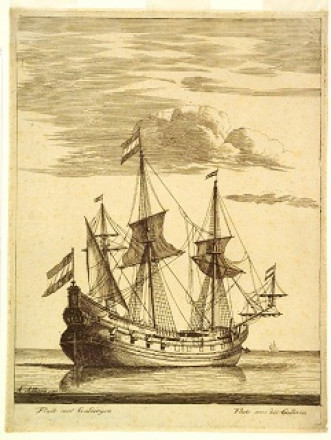 A drawing of a sailing vessel with three masts at anchor.