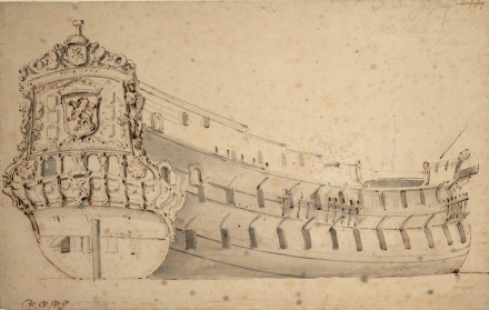 A drawing of a 17th century warship without masts