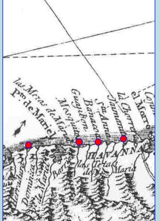 Several places marked in red on an old chart.