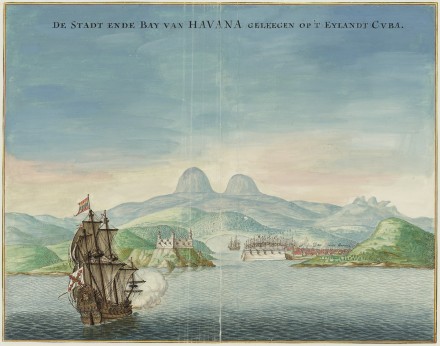 Painting of a ship with a rolling landscape and two large mountains in the background.