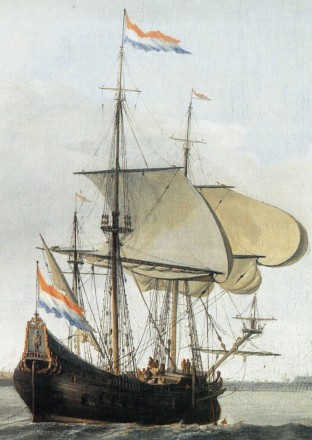 A painting of a ship under sail, seen from behind.