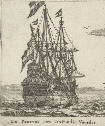 Part of a print after Reinier Nooms, mid 17th century. The original depicts a VOC and a WIC ship. The name of the ship is the Dubbele Arend. Mr. and Mrs. Lewis B. Williams Collection.