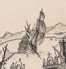 Illustration in black and white of a ship under sail with mountains in the background.