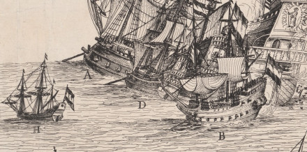 Illustration of three ships, designated by the letters A, D and B.