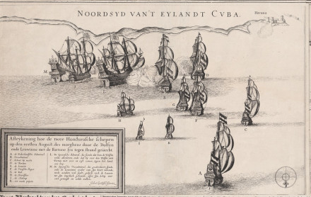 Left part of a print depicting the battle at Cuba. This part shows Ita's fleet. Rijksmuseum PR-P-OB-79.403.