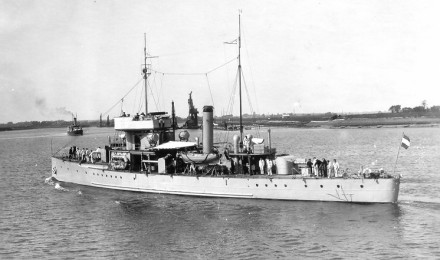 A black and white photo of the ship under way.