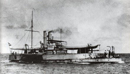 A black and white photo of the ship under steam.