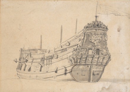 A drawing of a frigate seen from the port quarter.