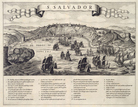 Birds' eye view of San Salvador with the bay full of ships and a legend.