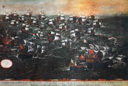 ainting of the naval battle with many sailing ships on it.