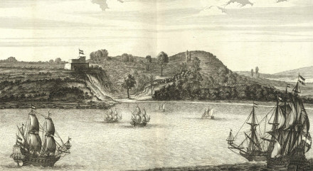 Black and white illustration of mountains with ships on the water in front of them.