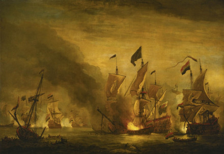 A painting of a naval battle with burning ships.