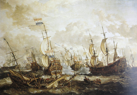A painting of a naval battle.