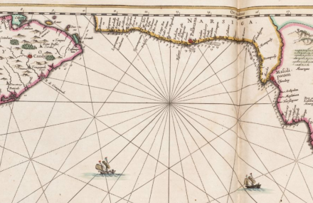 Kaart van de Golf van Bengalen, Zeekaart van de baai van Bengalen; uit het vijfde deel van de Franse editie van de Grote Atlas van Janssonius, collectie atlas van Loon.