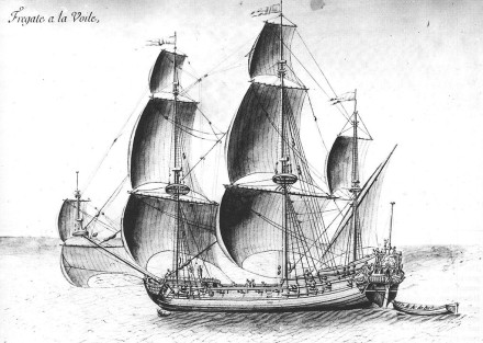 An engraving in black and white of a frigate under sail.