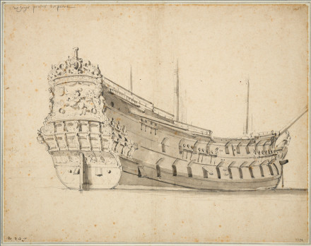 Sketch of the hull of a wooden sailing ship, without masts.