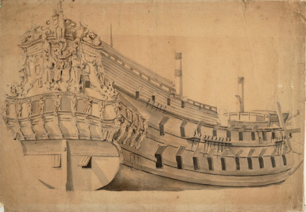 illustratie van de romp van een houten schip, zonder masten