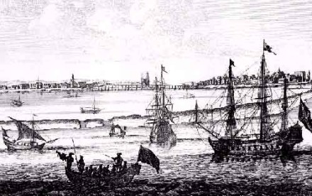 Painting in black and white of ships arriving at a beach.