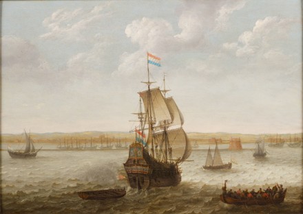 Painting of a three-masted vessel under sail near the coast.