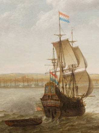 A painting of a WIC ship with the Dutch flag on a roadstead.