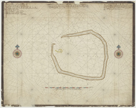 De afbeelding toont waarschijnlijk een historische kaart van de Dongsha-eilanden (Pratas-eiland) in de Zuid-Chinese Zee. 