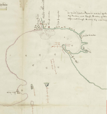 De afbeelding toont een oude kaart of plattegrond, mogelijk van een kustlijn of havengebied