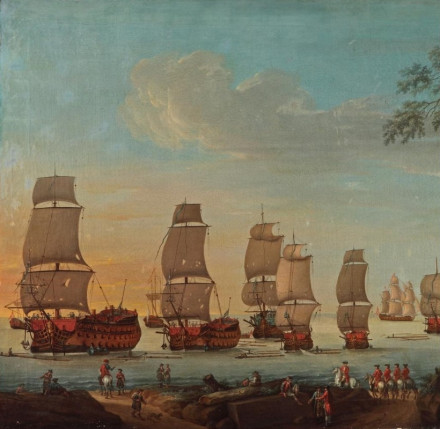 Painting of the Battle of Fehmarn by Andreas Henrik Stibold (1739-1821), 1770, depicting the beached Swedisch fleet at the Kolberger Heide.