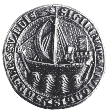 A depiction of a cog on a seal.