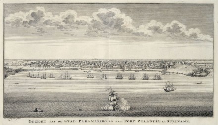 An illustration in black and white of a city by the sea with ships.