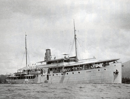 A black and white photo of the Deneb seen on the starboard side.