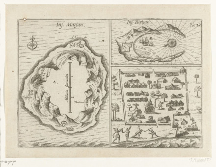 Drie voorstellingen met kaarten van de eilanden Makian en Bacan in de Molukken en een plattegrond van de stad Bacan, juni 1616. Onderdeel van de illustraties in het verslag van de reis van Joris van Spilbergen om de wereld, 1614-1617, No. 20. (prentmaker anoniem). signatuur RP-P-OB-75.474