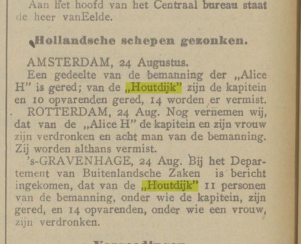Een stukje tekst uit een artikel met de titel "Hollandse schepen gezonken""