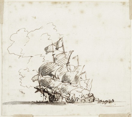 Drawing of a fireship laying a ship aboard to port, viewed from the port bow. The ship has flags at fore and main. A rapid sketch, possibly for a detail of the battle of La Hogue. It is possibly a copy (see the painting by Monamy of Battle of La Hogue, BHC0334). date 1692. inventory number PAF6653