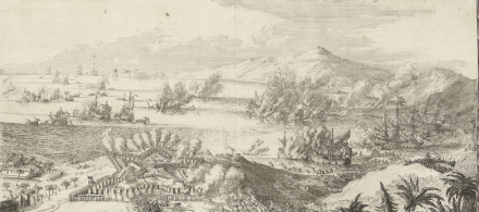 De afbeelding toont een gravure van Fort Zeelandia in Suriname