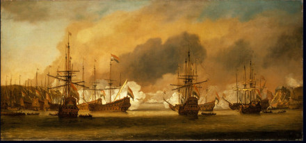 Een schilderij van een zeeslag.