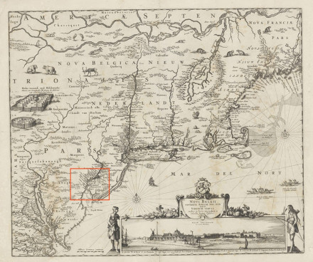 An old map in black and white of the surroundings of New York.