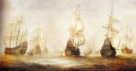A painting in colour of six ships fighting.